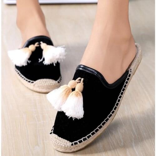 Tassel Hemp slingback canvas shoes woman espadrilles mules wowen moccasins sewing slip on fringe fisherman flats loafers 2020