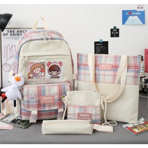 4pcs/set Women Canvas Backpack Candy Color Waterproof School Bags Teenagers Girls Patchwork Backpack Female Rucksack Mochila 50