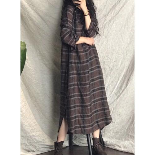 Women Loose Linen Plaid Cotton Linen Dress Ladies Vintage Flax Plaid Dresses Female 2020 Autumn Spring Dress