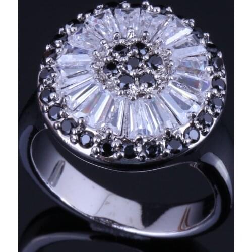 Glaring Round Black Cubic Zirconia White CZ Silver Plated Ring V0482