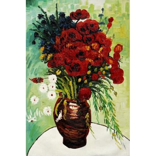 Flower Oil Painting Still Life Art Vase with Daisies and Poppies Vincent Van Gogh Painting on Canvas Handmade for Dinning Room