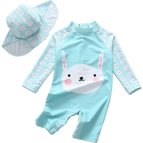 Kids UV UPF50+ Shark Cartoon Swimsuit Boys Girls Cute Rabbit One-Piece Swimwear with Hat Little Girl Bathing Suit Beachwear 1-5Y