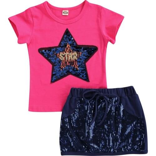 FOCUSNORM Summer Causal Girls Clothes Sets 2pcs Sequined Star Printed Pullover T Shirts Mini Skirts 2-7Y