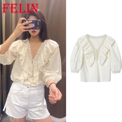 FELIN Za New Beige Polyester V-Neck Shirts Women Solid Casual Summer Half Sleeve Mujer Laminated Trim Tops Vintage T-Shirts