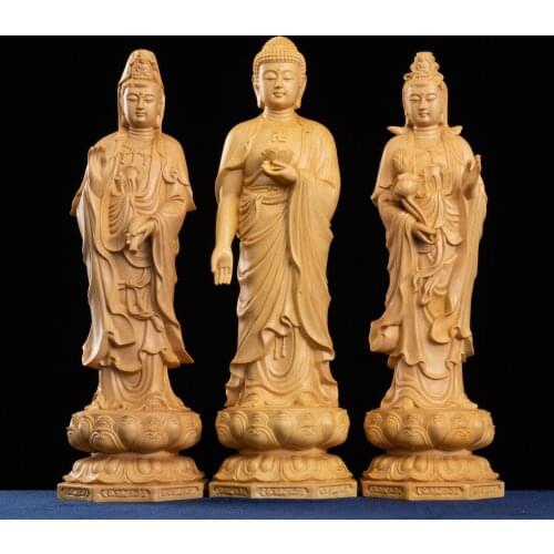 20cm Solid Wood Chinese Buddhism Buda Figurines Yellow Wood Wealth God Buddha Statue God Statues for Home Decor