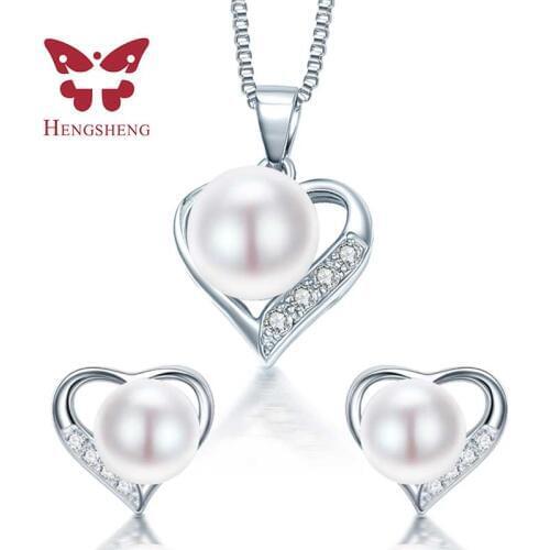 HENGSHENG 2019 Love Heart romantic fashion necklaces earring jewelry sets for women, AAAA 8-9mm freshwater pearl wedding set