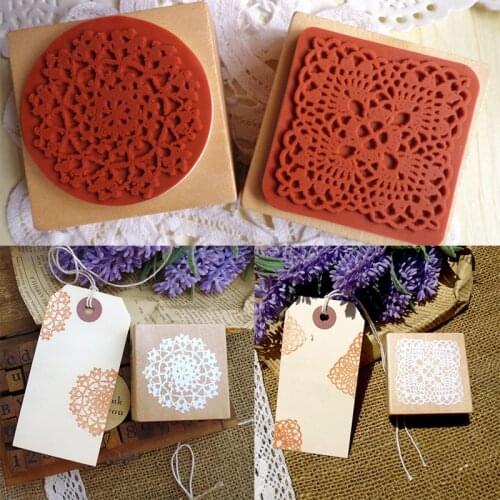 Round Square Lace Pattern Stamps Wooden Rubber Scrapbooking Stamping Arts Crafts DIY Stamps Kids Birthday Party Supplies Decor
