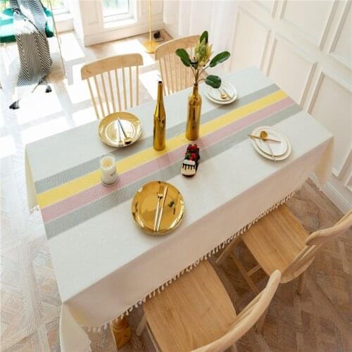 Fashion Stripe Designs Solid Decorative Linen Tablecloth With Tassels Rectangular Wedding Dining Table Cover Tea Table Cloth