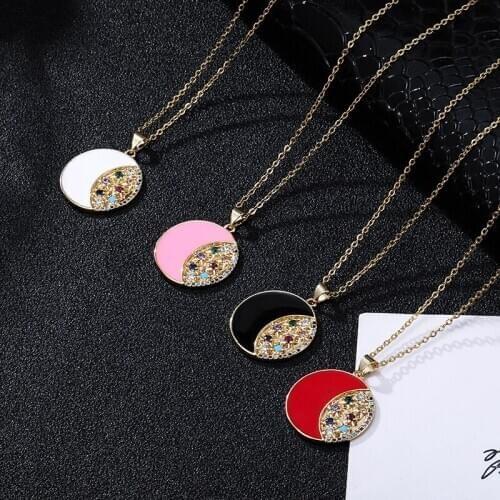 Fashion Golden Stainless Steel Color Zircon Moon Disc Pendant Necklace For Women Charm Women Initial Necklace Jewelry
