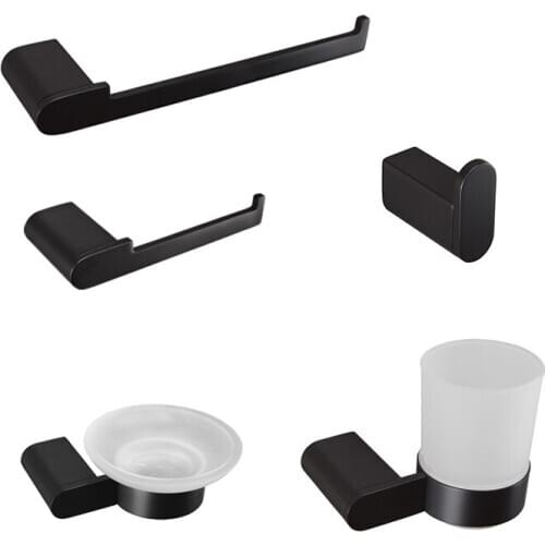 Bathroom Hardware Set Black Robe Hook Towel Rail Bar Ring Tissue Paper Holder Soap Dish Toothbrush Holder Bathroom Accessories