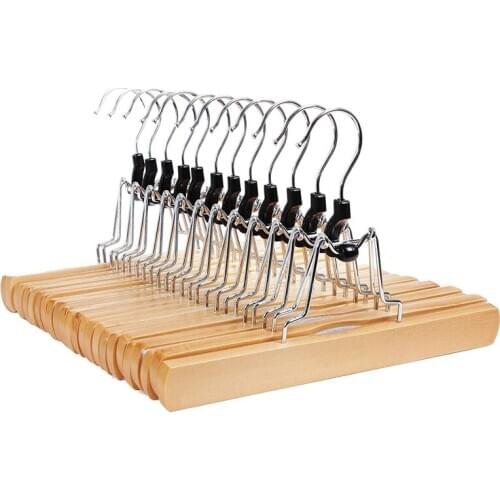 12 Pack Pants Hangers,Solid Wood Hanger Anti-Slip Felt 360 Degree Rotatable Hook Trouser Clamp Hanger