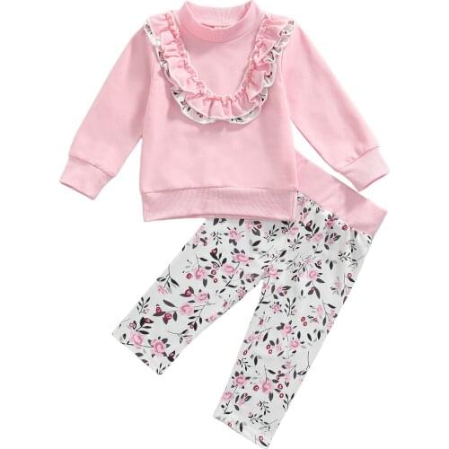 2Pcs Toddler Autumn Outfits, Flounce O-Neck Long-Sleeves Tops + Floral Pants for Baby Girls, 0-24 Months