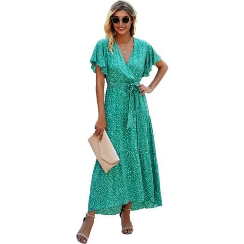 Polka Dot Dress Women 2021 New Fashion Ruffle Sleeves V-neck Elegant Lace-up Slim Long Green Dresses Female LR1404