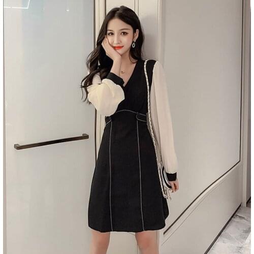 Towerke Women A-line Long Sleeve Dresses V-Neck Elegant Stitching Dress Button Design Office Lady Workwear