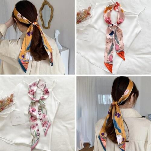 New Silk Women Hairband Scarf Fashion Korea Print Long Neck Tie Bag Headband Girls Bowknows Belt 2021 Summer Accessories Bandana