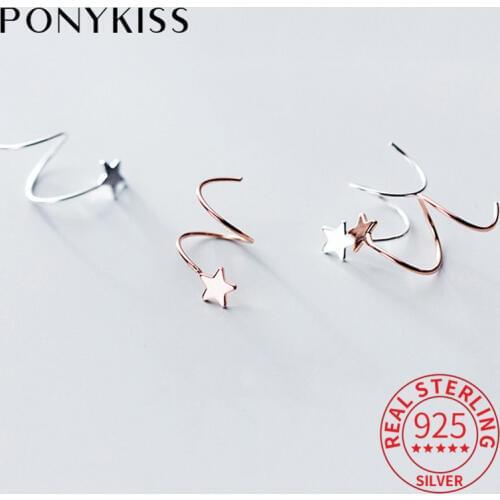 PONYKISS Trendy 100% 925 Sterling Silver Cute Wave Star Hoop Earrings For Women Party Delicate Accessory Birthday Chic Gift