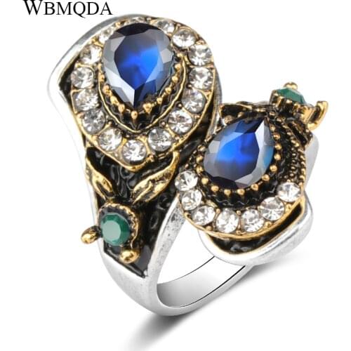 Kinel Vintage Blue Ring For Women Antique Gold Fashion Crystal Flower Engagement Wedding Rings Turkish Jewelry Wholesale