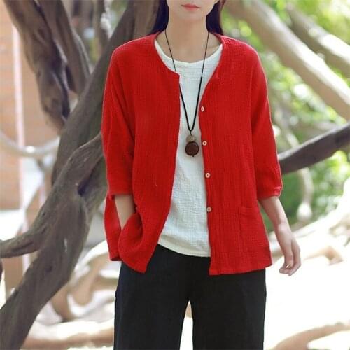 2021 Vintage Fashion Women Cotton Linen Short Jackets Ladies Button Patchwork Solid Coats Female Casual Clothes