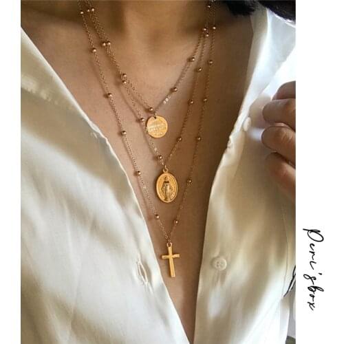 PerisBox Boho Style Triple Layered Chain Choker Necklace for Women Dainty Mary Cross Chokers Chic Disc Coin Necklaces Wholesale