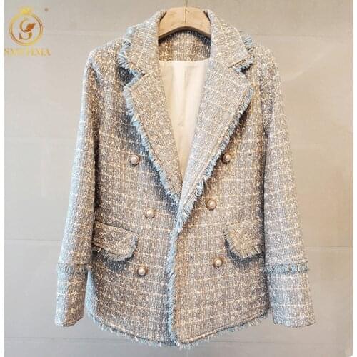 Autumn And Winter Blue Plaid Tweed Woolen Jackets Women Vintage Runway Designer Long Sleeve Tassel Notched Elegant Outwear