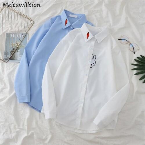 Women Rabbit Embroidery Shirts Blouses Korean Loose White Blouse Autumn 2021 Casual Long Sleeve Turn Down Collar Tops
