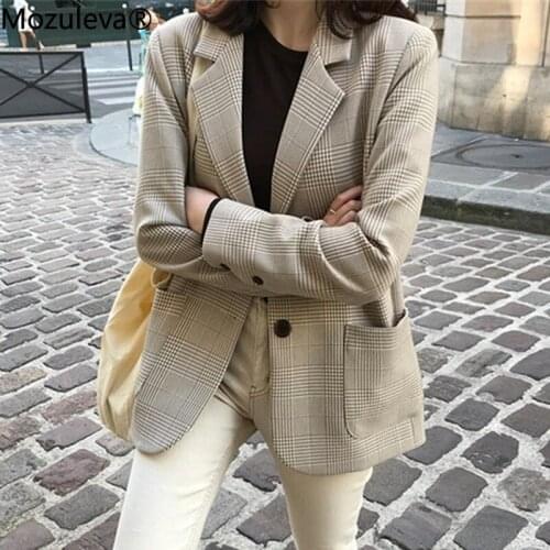 Mozuleva 2021 Autumn Winter Womens Blazers Elegant Plaid Casual Buttons Pockets Jackets Notched Vintage Wild Tops High Quality
