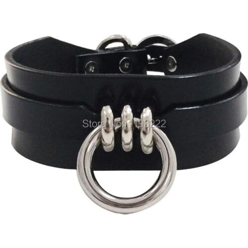 Harajuku Lolita Women Girl 100% Handmade Leather Choker O Round Metal Bondage Choker Layer Fetish Necklace