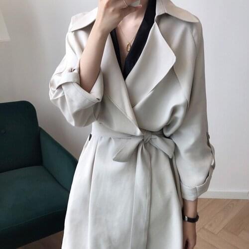 Korean Apricot Lapel Lace Up Thin Trench Coat Women Elegant Mid-length Long Sleeve Women Windbreaker Plus Sashes Spring Autumn