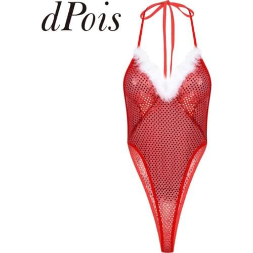 Womens One-piece Chirstmas Sequins Feather Trim Open Back Halter Neck Bodysuit Sexy Lingerie Christmas Santa Cosplay Costume