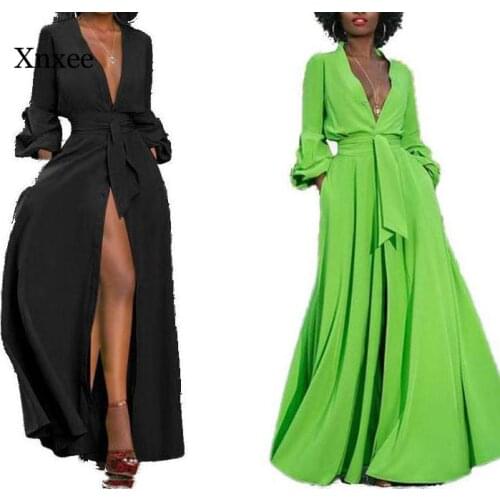 Women Dress Long Maxi Dresses Bandage Deep V Neck Long Sleeve High Waist Split Sexy Dress Elegant Plus Size Dresses loose belt