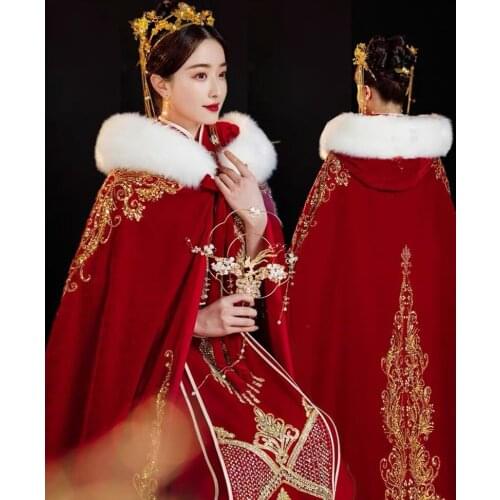 Winter Warm Thick Hanfu Cloak Women Chinese Traditional Embroidery Velvet Cape Cloak Female Cosplay Costume Hanfu Red For Women