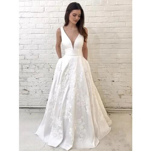 2021 Satin Appliques Wedding Dresses for Bride with Pockets A Line Double V Neck Bridal Gowns vestido de noiva