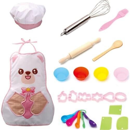 24pcs Kids Cooking Baking Set Kitchen Role Play Toys Includes Cartoon Apron Chef Hat Cake Molds for Girls Boys Xmas Gifts