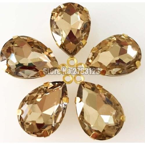 Free shipping!! light coffee faltback Gold bottom Superior quality AAA+ Glass Crystal Single hanging sew on rhinstones