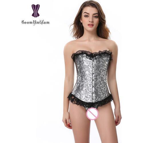 Free shipping fashion body shapewear brocade floral lace trim corset top pleated boned corsets & bustiers with g string 823