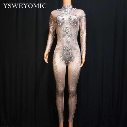 Sparkly Crystals Nude Jumpsuit Stretch Stones Outfit Celebrate Bright Rhinestones Bodysuit Female Singer Birthday Costume