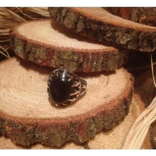 LARGE MIDDLE ROUND BLACK STONE CHIC STONE PATTERNED ORNAMENTAL CHARISMATIC RING 925 SILVER Muslim Ring