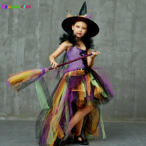 Girls Evil Witch Halloween Cosutme Trailing Tulle Kids Fancy Tutu Dress with Witch Hat Children Carnival Cosplay Party Dresses