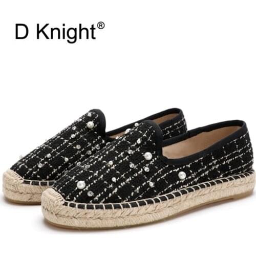 New Fashion Round Toe Flat-Bottomed Espadrilles Women Hemp Rope Shoes Thick-Soled Pearls Straw Cotton Linen Ladies Flats Loafers