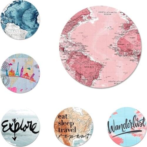 World Map Travel Just Go Icons Pins Badge Decoration Brooches Metal Badges For Backpack Decoration 58mm