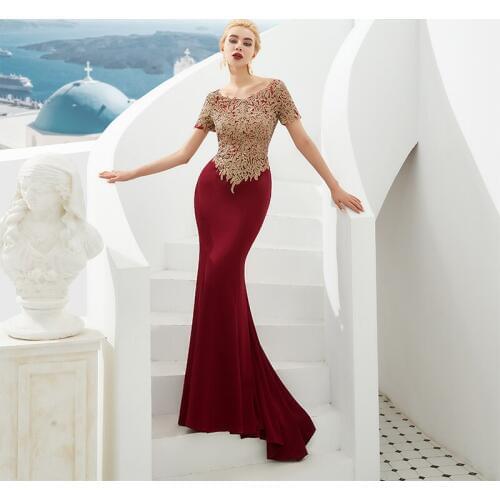 Wine Red Mermaid Evening Dress Gold Appliques Beading Prom Dresses Short Sleeves Zipper Back Formal Party Gowns Robe De Soiree