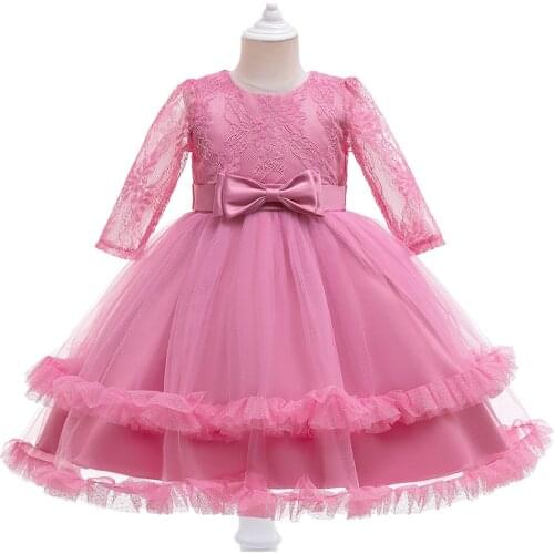Lace Long Sleeves Ballgown Flower Girls Princess Dress Kids Party Pageant Skin Pink Wedding Bridesmaid Tutu Tulle Dresses