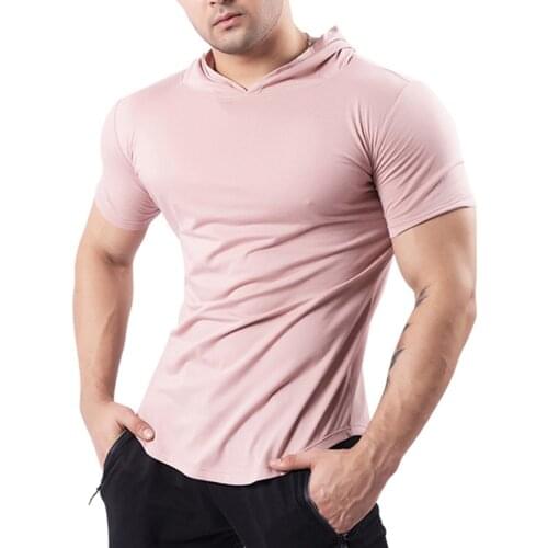 Mens Fashion Summer Short Sleeve Hoodie T-Shirts Sweatshirt Tops Gym Sports Slim Fitness Hooded Sportswear Tees FK88