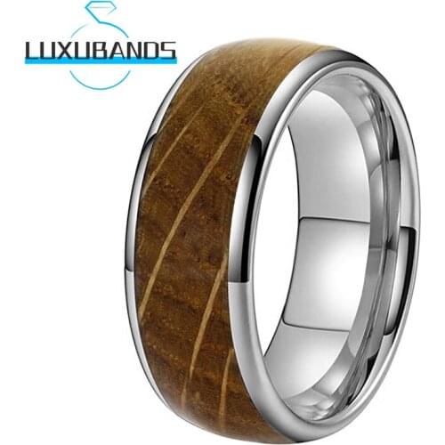 Mens Womens Wedding Rings 8MM Engagement Domed Bands Beveled Edges Whiskey Barrel Wood Inlay Polished Finished Comfort Fit