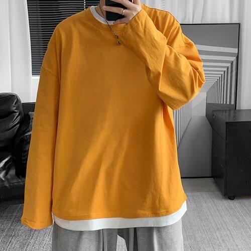 Autumn New Hipster Sreetwear Oversize Long Sleeve T Shirt Men Solid Color 100% Cotton O-Neck Tops Tees S-3XL