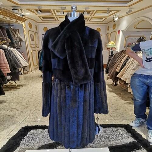 WINTER PALACE Medium Length Mink Coat Round Neck Mink With Leather Stitching Real Fur Coat Keep Warm In Winter Mink Fur PB090B