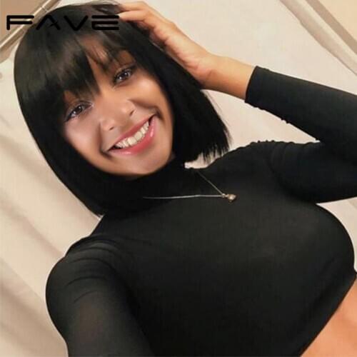 FAVE Short Bob Wigs Brazilian Human Hair Wigs Natural Black Short Straight Wig With Bangs Fringe Wig Human Hair For Black Women