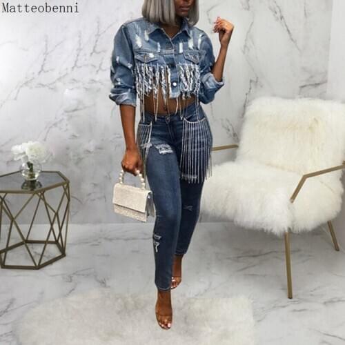 Sexy Ripped Tassel Jeans Jacket Women Oversized Crop Denim Jackets Autumn Fashion Long Sleeve Casual Slim short Bomber jacket