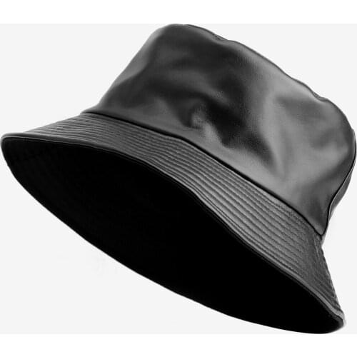 Men Boys Reversible Cotton Twill Fisherman Hat Solid Black PU Bucket Hat Sun Protect Hats Girls Women Matte Leather Bucket Hat