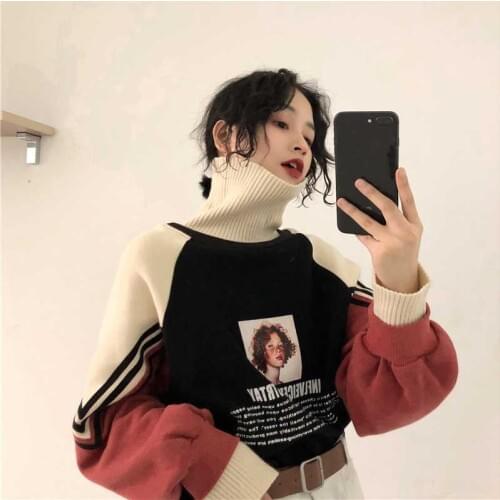 Winter Hoodie Sweatshirt Women Oversize Tops Fashion Pattern Printed Sweatshirt Autumn Turtleneck Outerwear Warm Pullover